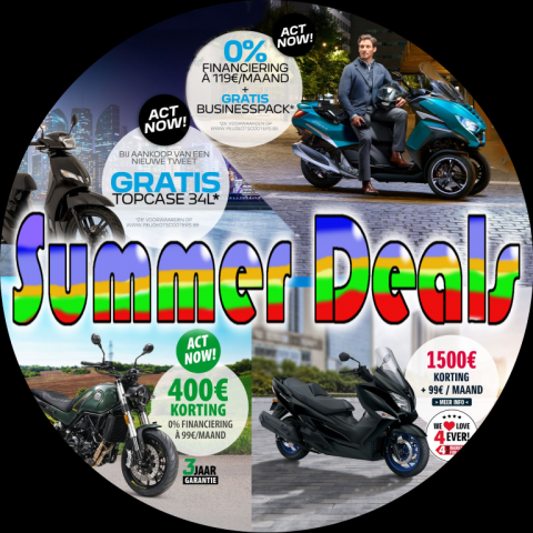 Bike Parts Summer deals met kortingen en gratis accessoires op Suzuki, Sym, Benelli en Peugeot motorfietsen en scooters